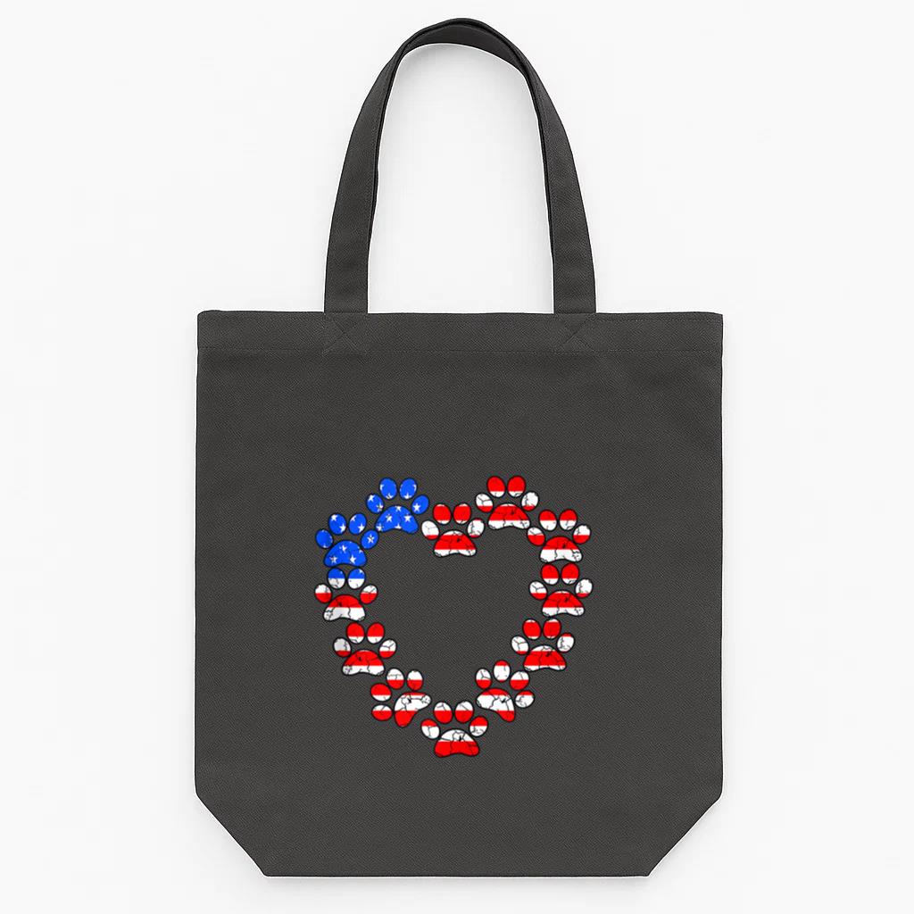 Animal Lover USA Flag Cat Dog Paw Heart Tote Canvas Bag
