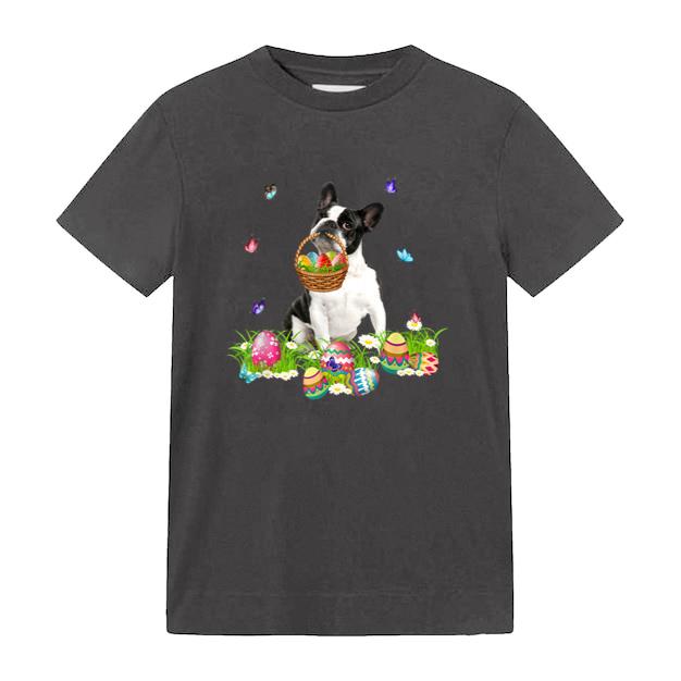 Boston Terrier Bunny Dog With Easter Eggs Basket Butterflies T-Shirt